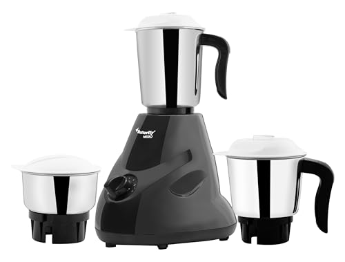 Butterfly Hero 500 Watts Mixer Grinder with 3 Jars | 3 Stainless Steel Multipurpose Jars | ABS Body | Motor Overload Protection | 1 Year Manufacturer’s Warranty | Grey