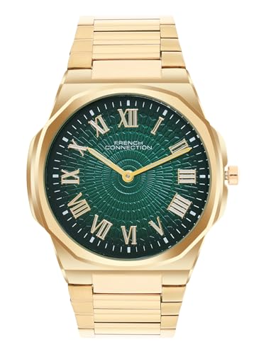 French Connection Textured Green Round Dial with Gold Stainless Steel Strap Watch for Mens – FCN0125GM