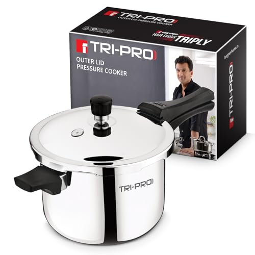 Bergner TriPro Triply Outer Lid Pressure Cooker 5 Litres, Bakelite Safe Grip Handle, Healthy Cooking, Even and Faster Heat Distribution, Easy to Clean, 2.5mm Thickness – Induction and Gas Stove Ready