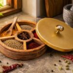 PIK BIOLOGISCH Wooden Masala Box for Kitchen | Masala Box with 5 Compartments | Wooden Spice Box | Anjarai Petti | Masala Box Wooden with Spoon | Housewarming Gift
