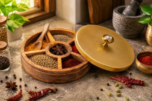 PIK BIOLOGISCH Wooden Masala Box for Kitchen | Masala Box with 5 Compartments | Wooden Spice Box | Anjarai Petti | Masala Box Wooden with Spoon | Housewarming Gift