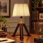 tu casa Vintage Tripod Brown Mangowood Table Lamp for Home Decoration, Bedroom, Living Room, Lounge, Office, Festival Gifting, Study Table (Off White with Satin Shade) H – 21″ / No Blub