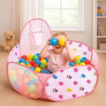 Kidsmate Foldable Hexa Ball Pool for Kids | Pop-Up Playhouse with Dotted Print & Mesh Walls | Indoor and Outdoor Activity Ball Pool for Toddlers 2 Years & Above | Balls not Included -Pink
