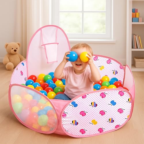 Kidsmate Foldable Hexa Ball Pool for Kids | Pop-Up Playhouse with Dotted Print & Mesh Walls | Indoor and Outdoor Activity Ball Pool for Toddlers 2 Years & Above | Balls not Included -Pink