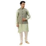 SOJANYA (Since 1958 Men’s Silk Blend Pista Kurta & TeaalGreen Nehrujacket With OffWhite Pyjama Combo Size 36