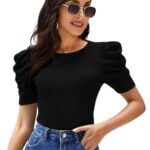 POPWINGS Solid Puff Casual Shirts Round Neck Top Latest Western Tops Summer Black