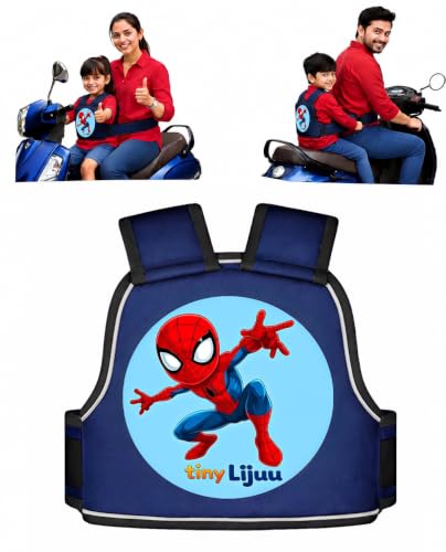 tiny Lijuu Baby & Kids Safety Belt for Two Wheeler, Bike & Scooty | Adjustable Child Safety Harness | Strong Buckle Protection | Comfortable & Secure | 2–12 Years (Spider Blue)