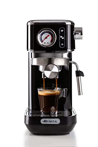 Ariete 1381/12 Coffee machine with pressure gauge, compatible with ground coffee and ESE pods, 1300 W, 1.1 L capacity, 15 bar pressure, ½ cup filter, Cappuccino device, Black