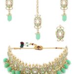 ZAVERI PEARLS Green & Pink Meenakari Kundan Choker Necklace Earring Maangtikka & Ring Set For Women-ZPFK12912