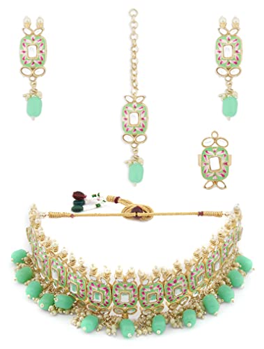 ZAVERI PEARLS Green & Pink Meenakari Kundan Choker Necklace Earring Maangtikka & Ring Set For Women-ZPFK12912