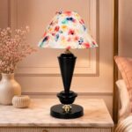 tu casa Modern Brilliance Black Metal Table Lamp for Home Decoration, Bedroom, Living Room, Lounge, Office, Festival Gifting, Study Table (Flower Print with Satin Shade) H – 17″ / No Blub