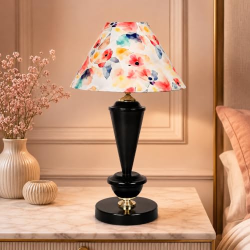 tu casa Modern Brilliance Black Metal Table Lamp for Home Decoration, Bedroom, Living Room, Lounge, Office, Festival Gifting, Study Table (Flower Print with Satin Shade) H – 17″ / No Blub